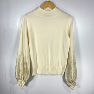 OnTwelfth Cream‎ Puff Sleeve Mock Neck Gold Shimmer Womens Medium